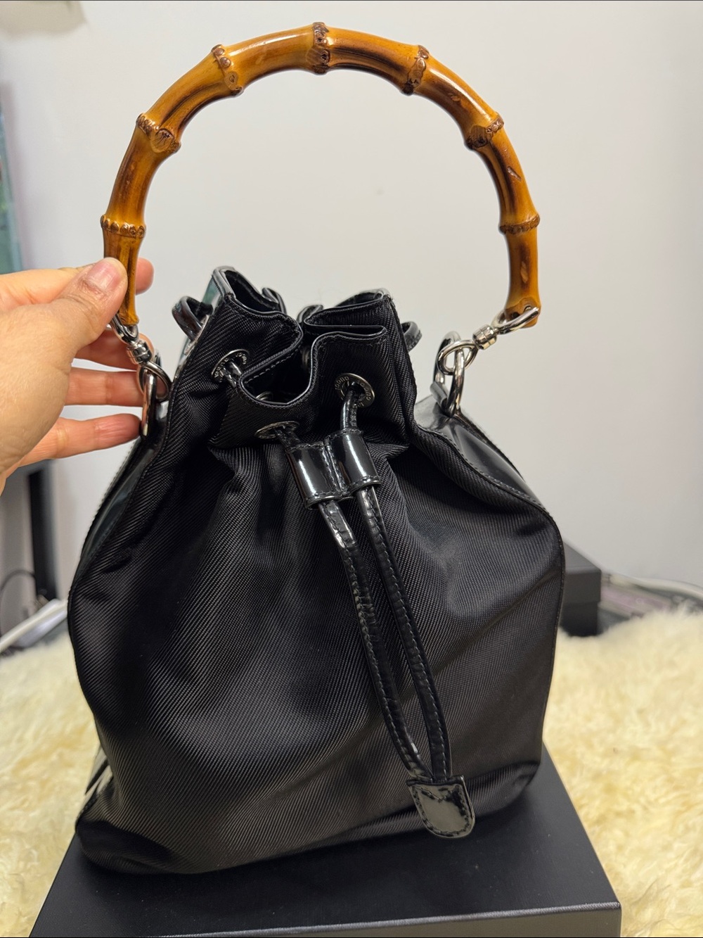 Gucci Black Drawstring Shoulder Bag with Bamboo Handle